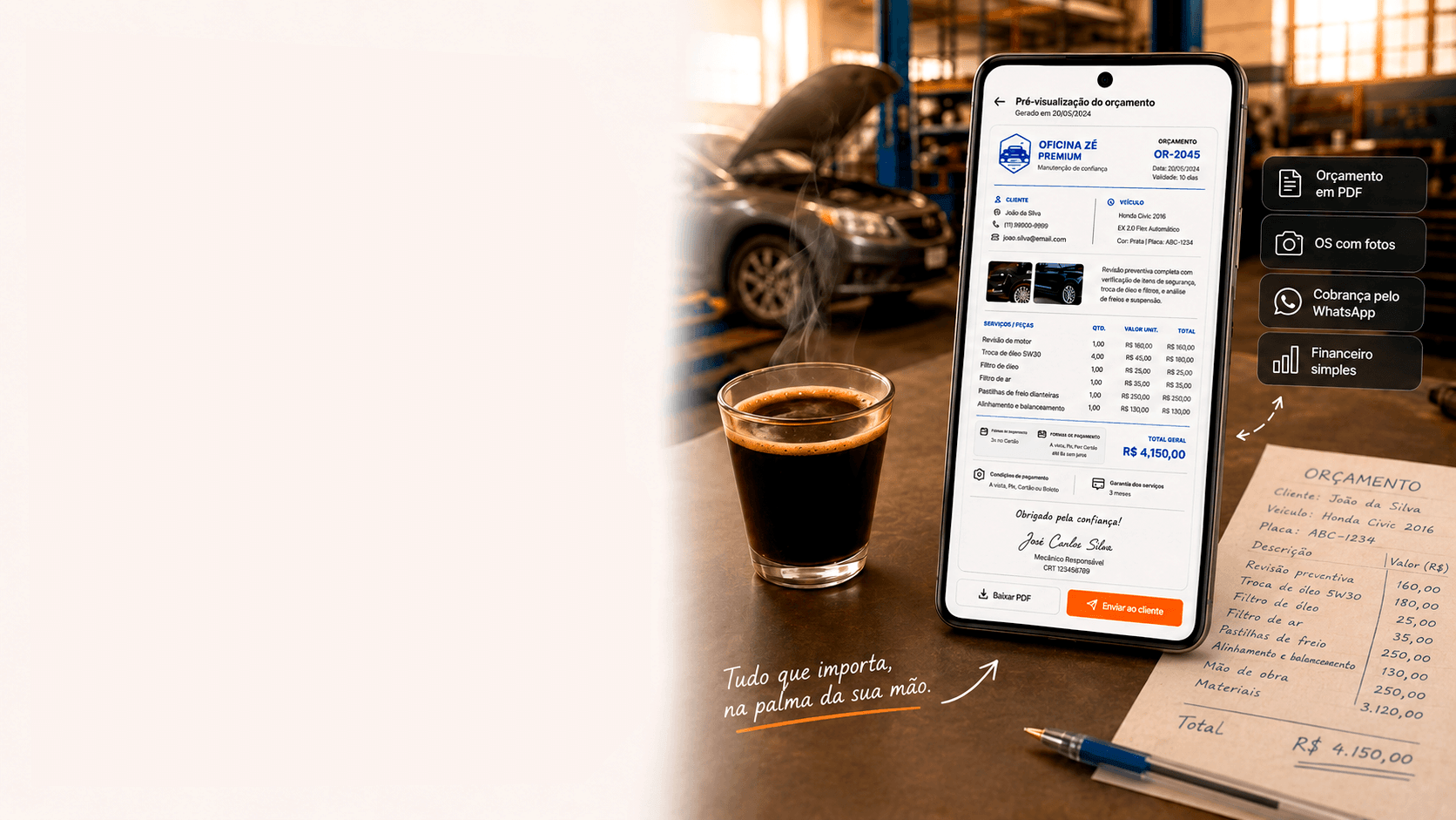 Sistema para oficina de funilaria mostrando pré-visualização de orçamento em PDF no celular, café em copo americano e anotação de orçamento sobre a bancada da oficina